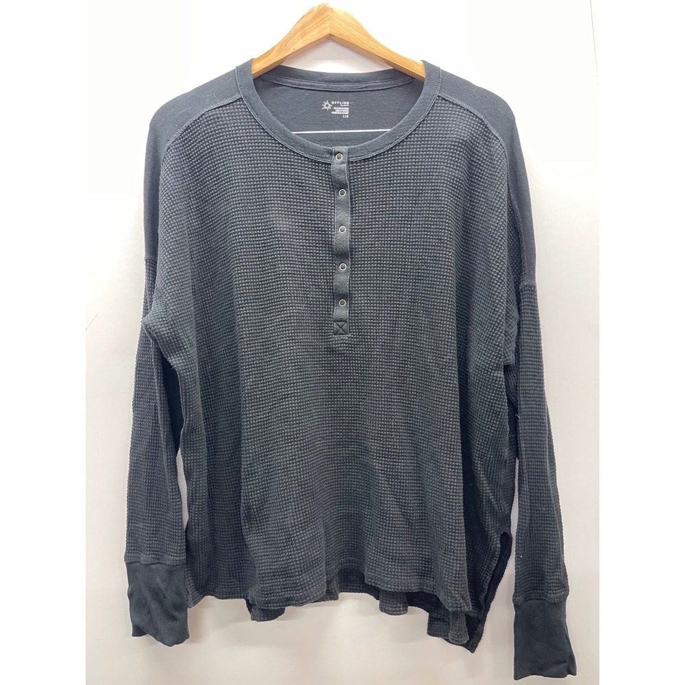Offline by Aerie Waffle Knit Henley Top Black Long Sleeve Womens Large